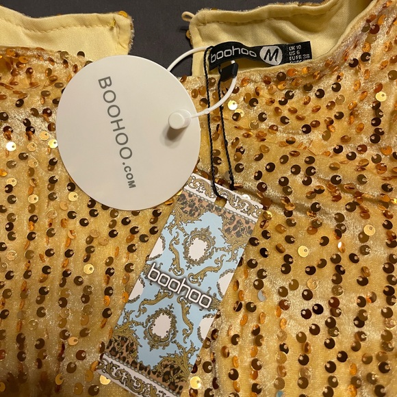 BooHoo Gold Velvet Sequin Long Sleeve Disco Dress - Picture 4 of 4